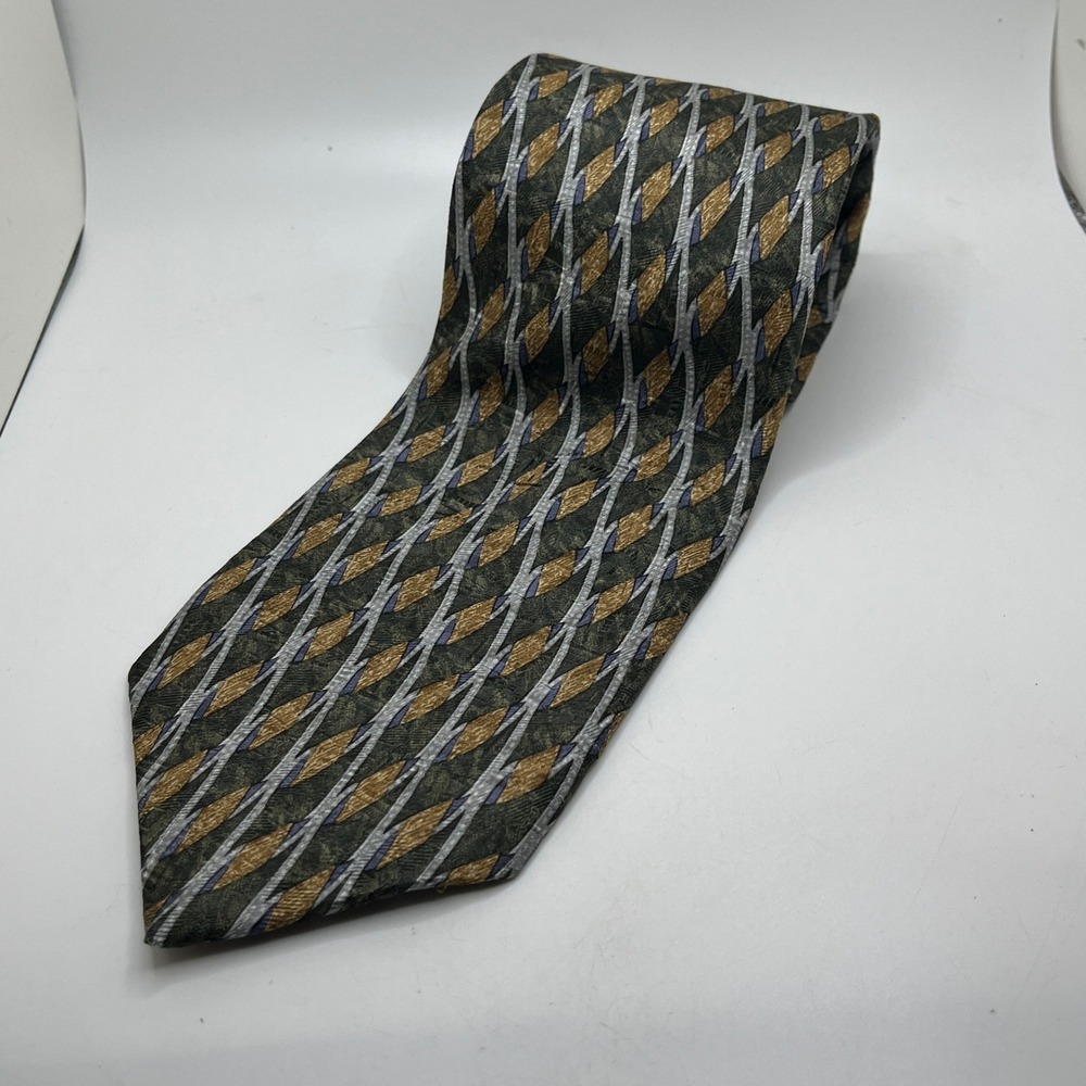 Claiborne Men's‎ Necktie Olive Green Gold Diamond USA Made Silk Blend